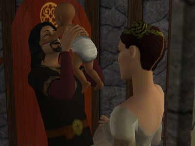He held the baby up before his face.