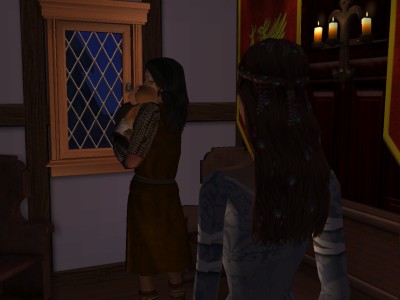 She found her brother strolling around the small sitting room at the entry.