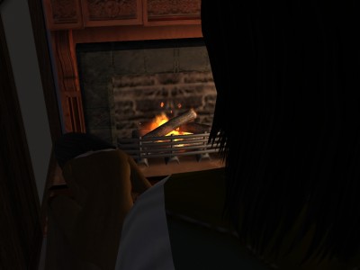 Sela was crouching by the fire with her back to the door.