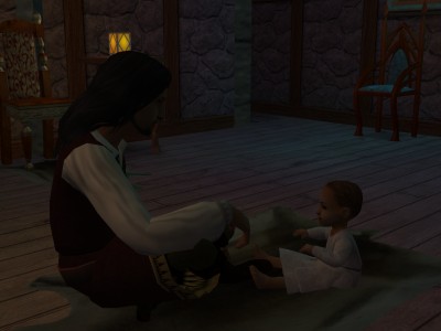 She found him seated on the floor with a small, dark-haired baby in a white dress.