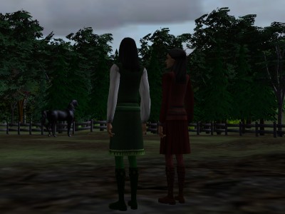 They stood side-by-side and watched the horse as he danced nervously along the fence before the trees.