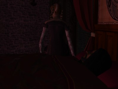 She sat slouching on the edge of the bed with her back to him.