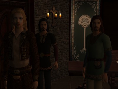 The three tall men in the dim room, their grim faces, and the sword laid out before them on the table.