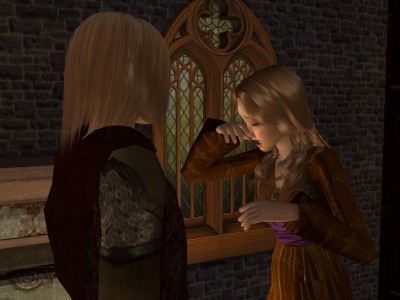 Once they had gone, the elf pulled the girl to her feet and continued talking to her.