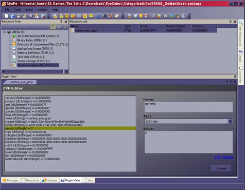 Viewing an eye package in SimPE.