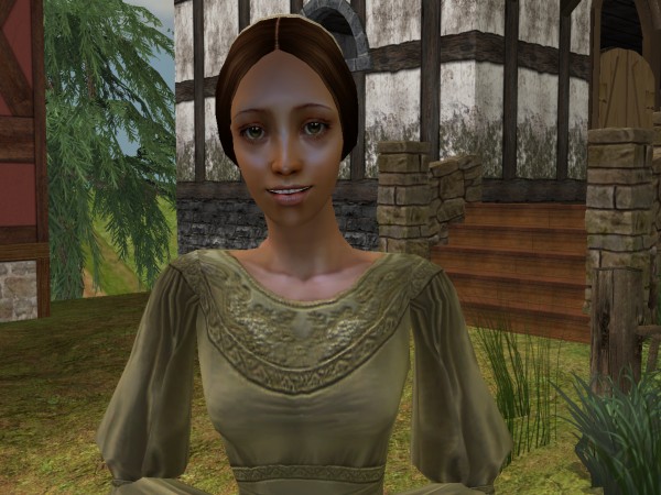 Wynflaed in high-necked Maiden gown.