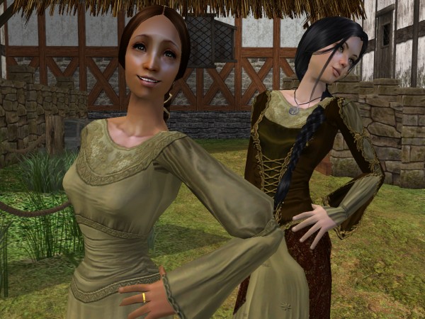 Wynflaed and Rua in high-necked gowns.